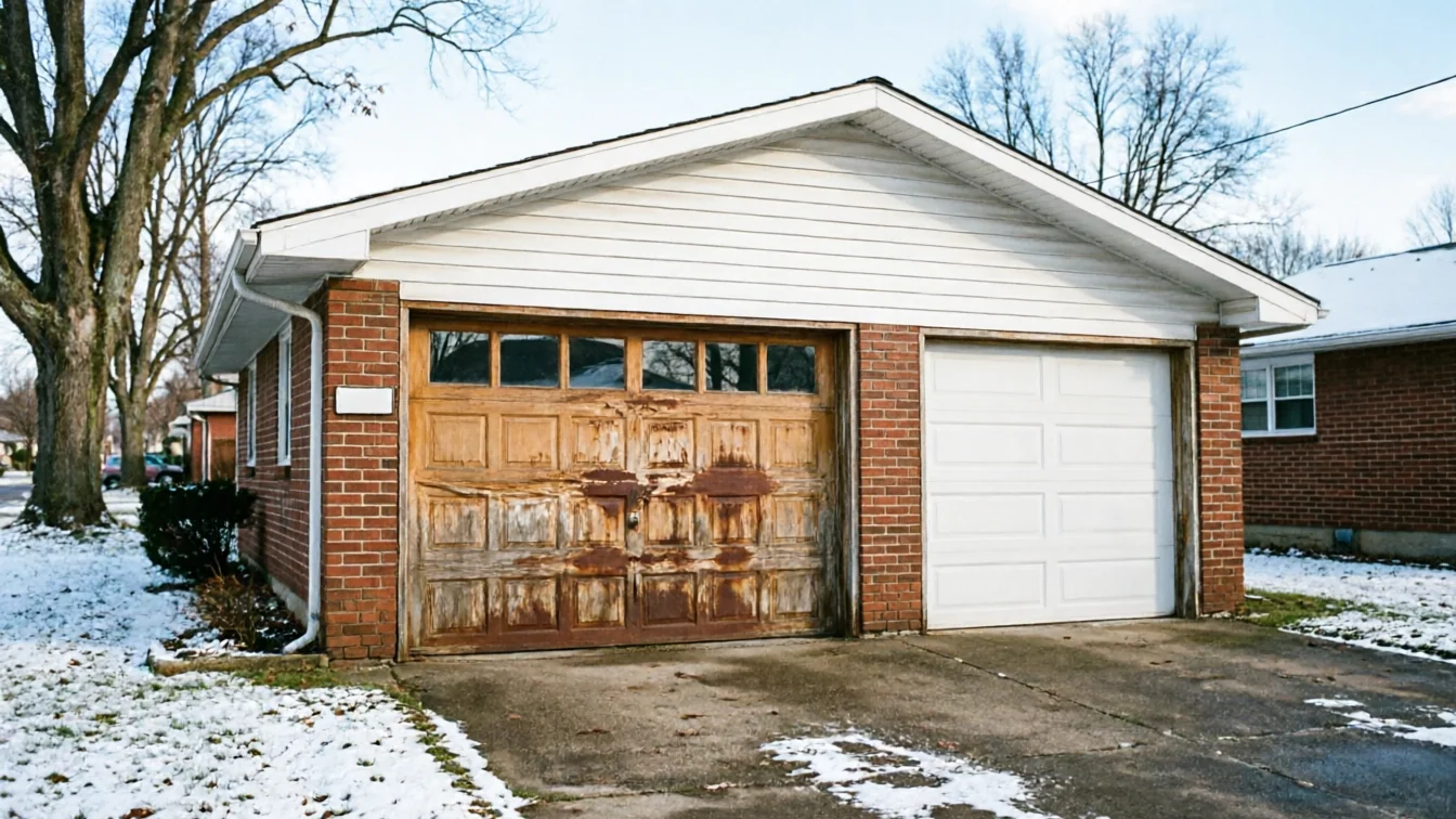 A brick garage has one old wooden garage door and one white garage door.