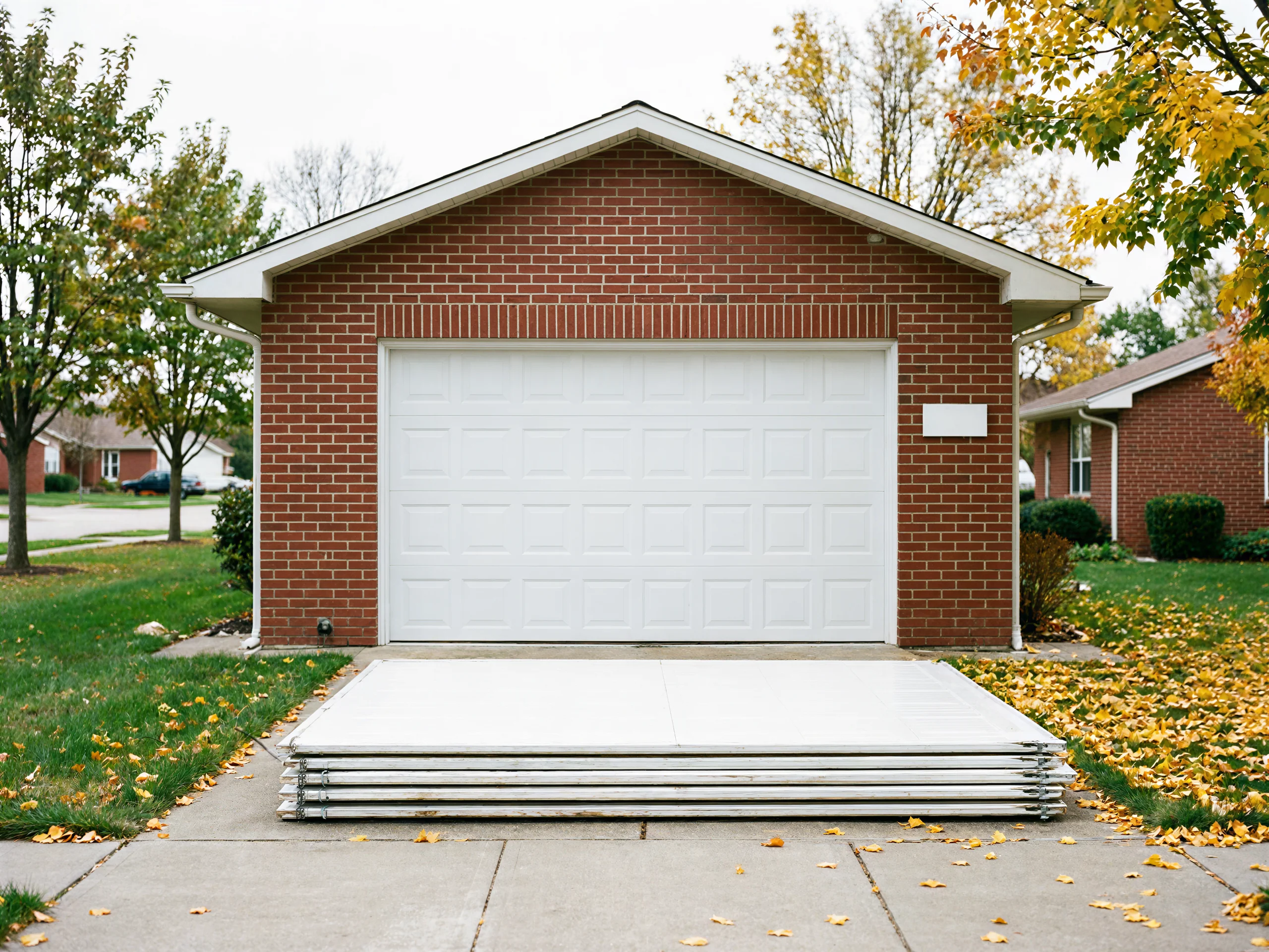 A white garage door is on a brick garage with new door panels stacked on the driveway.