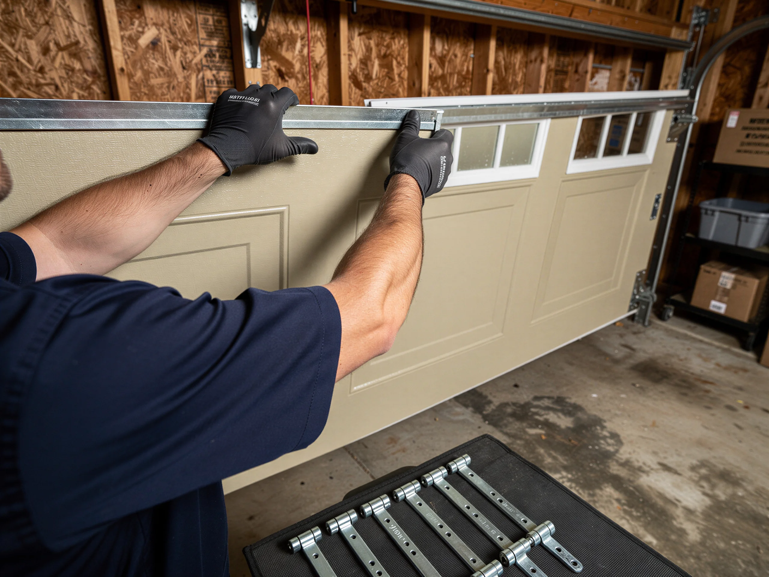 A technician installs a tan garage door with windows.