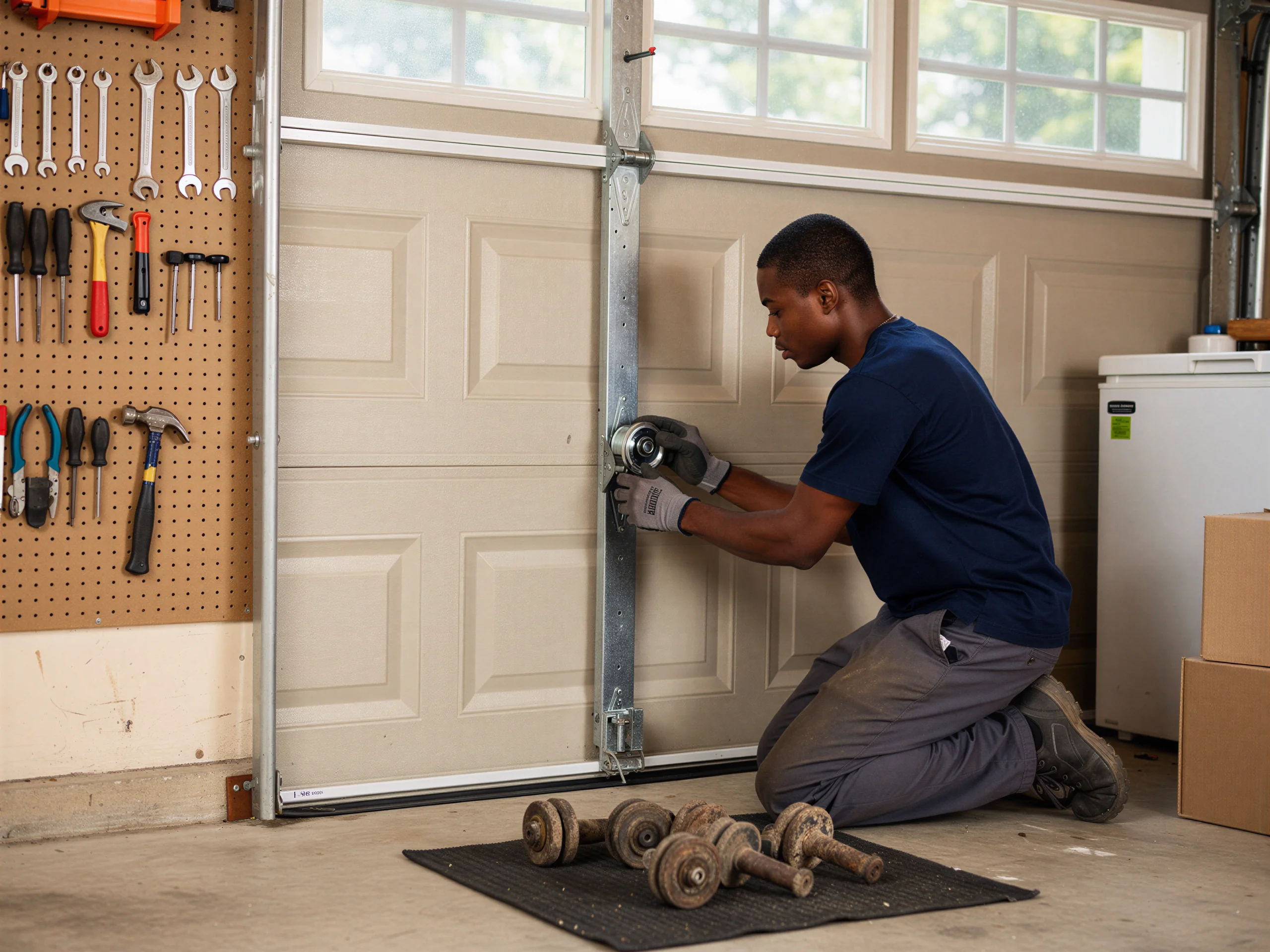 A technician kneels, working on a beige garage door with a tool board nearby.