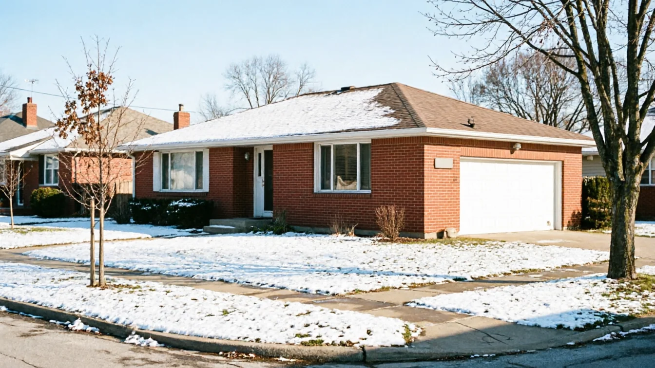 A red brick house with a white garage door and snow on the lawn.